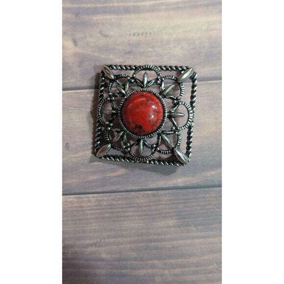 Sarah Coventry Red Cabochon Vintage Brooch Pendant Ornate Filigree Square Design - Picture 5 of 7